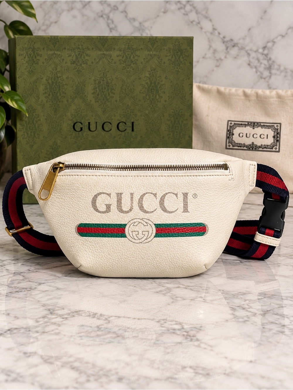 Gucci Vintage Logo Print Leather Belt Bag Ivory Web Stripe Waist Bag Sz Small
